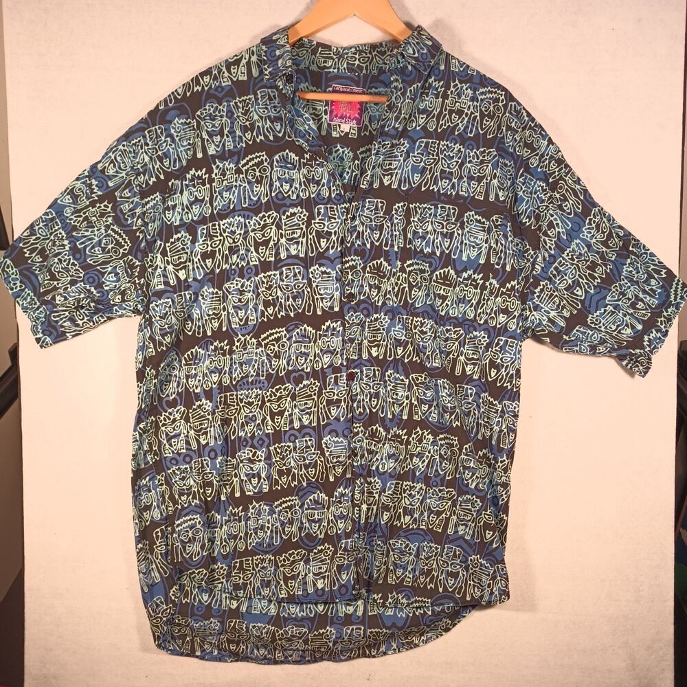 CARIBBEAN COLLECTION Vintage Batik PAW PAW Hawaiian Shirt L Tribal Faces